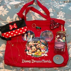 Disney Red Tote with Mickey and Friends & assorted items